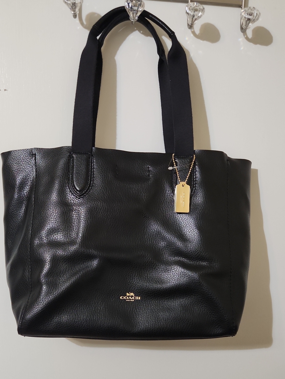 Coach Black Leather Tote with Gold Tag